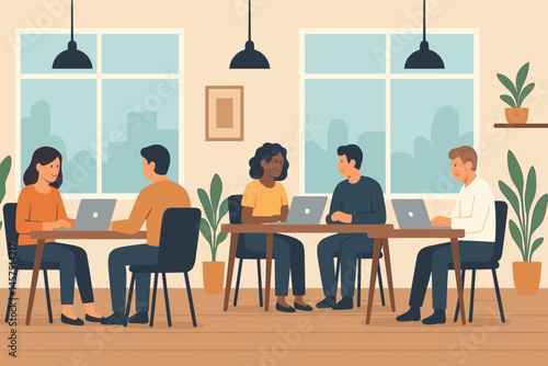 Vector illustration of coworking space interior with desks, people, plants, and laptops. Clean flat design for business and lifestyle themes