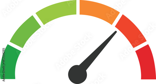 Speedometer gauge icon with high reading in red zone representing warning performance pressure overload danger risk level or system stress in technical or business environment