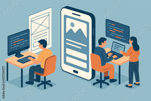 Vector illustration in isometric style of mobile app development process with developers coding, wireframes, and app testing stations. Tech startup environment