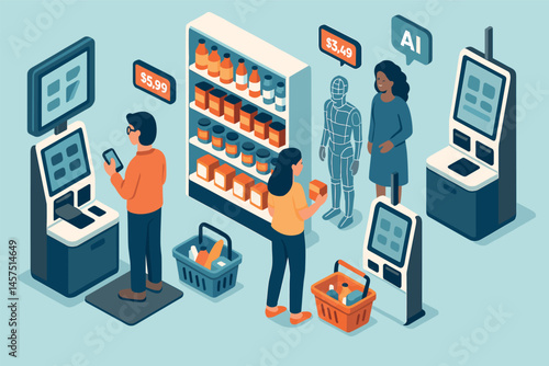 Vector illustration in isometric style of smart retail with self-checkout kiosks, digital price tags, and AI-powered customer experience