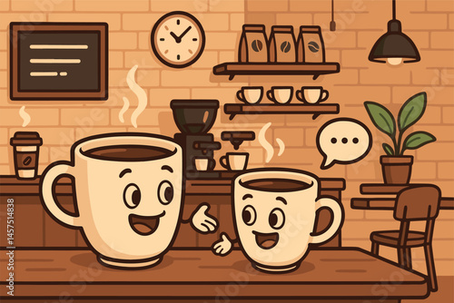Vector illustration in cartoon style of cozy café with animated coffee cups chatting at the counter