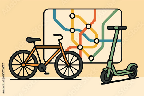 Vector illustration in outline + fill style of urban transport with bicycle, electric scooter, and metro map lines, combining clean outlines with color blocks