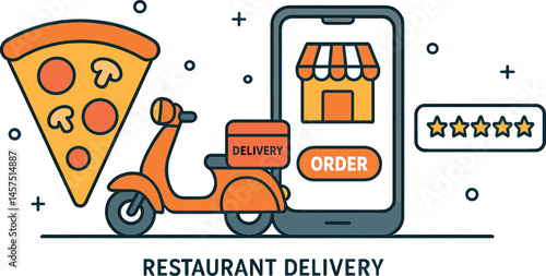 Vector illustration in outline + fill style of restaurant delivery UI with pizza slice, delivery scooter, mobile app order, and 5-star feedback