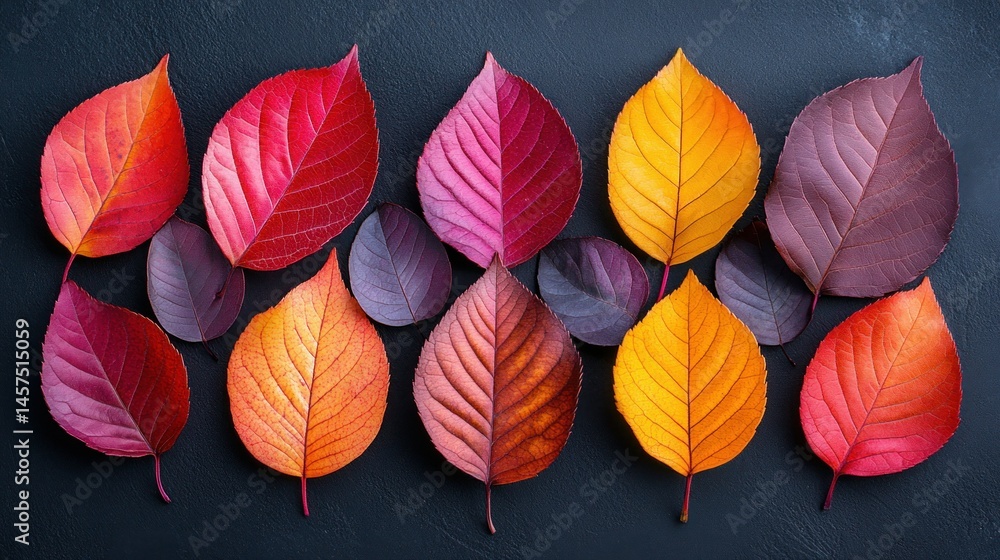 Obraz premium Vibrant autumn leaves in various shades of red, orange, and purple, arranged artfully on a dark surface