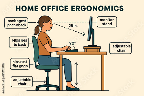 Vector illustration of home office ergonomics with adjustable chair, monitor stand, and posture tips