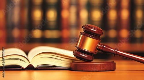 Gavel and book on desk with bookshelf background