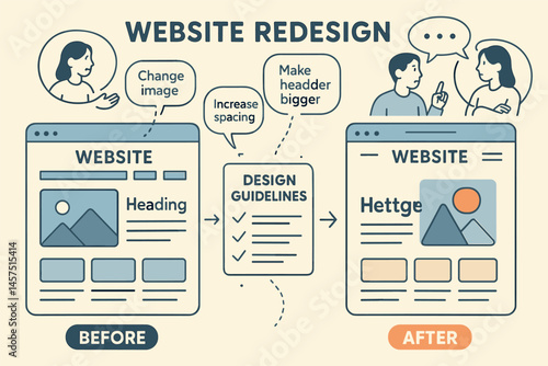 Vector illustration of website redesign process with two versions of the same homepage, feedback annotations, design guidelines, and team discussion bubbles