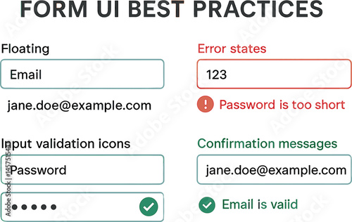 Vector illustration of form UI best practices including floating labels, error states, input validation icons, and confirmation messages