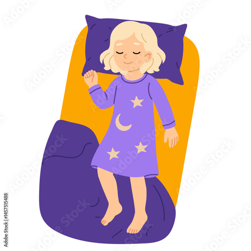 Vector illustration of a little blonde girl sleeping peacefully in bed. She is wearing a purple nightgown with moon and star patterns. Cozy bedtime scene with pillow and blanket.