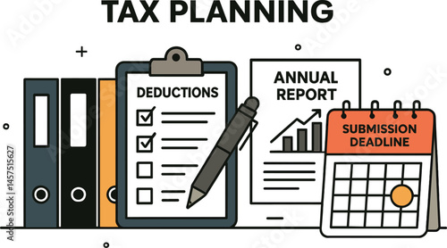 Vector illustration of tax planning tools with deduction checklist, document folders, annual report, and submission deadline calendar