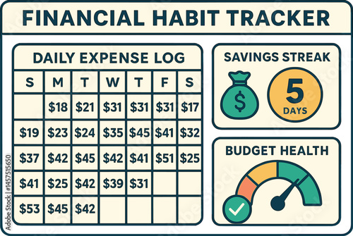 Vector illustration of financial habit tracker with daily expense log, savings streak counter, and budget health indicator
