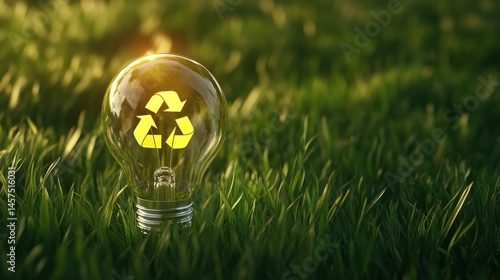 Recycle symbol glowing inside light bulb in green grass