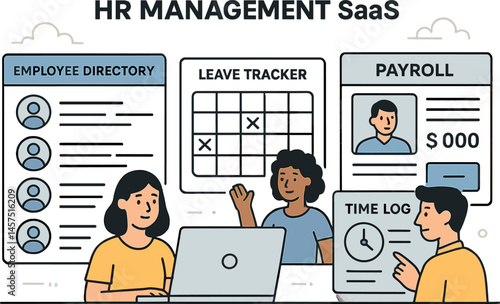 Vector illustration of HR management SaaS with employee directory, leave tracker, payroll overview, and time log system