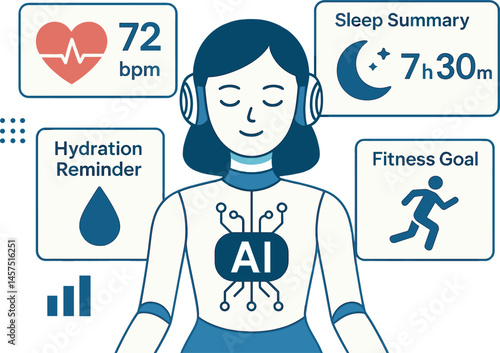 Vector illustration of AI assistant for health tracking with heart rate data, sleep summary, hydration reminders, and fitness goal prompts