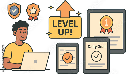 Vector illustration of gamified learning experience with badges, level-up animation, daily goal reminders, and leaderboards