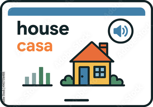 Vector illustration of dual-language vocabulary app with audio pronunciation button, visual association, and review frequency tracker