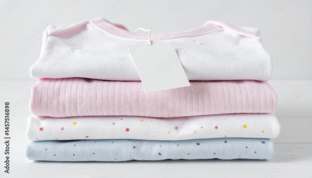 Softly colored baby clothes are neatly stacked on a white surface, evoking a cozy and gentle atmosphere. Softly colored baby clothes are neatly stacked on a white surface, evoking a cozy and gentle atmosphere.