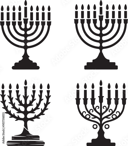 Vintage menorah with candles silhouette set vector illustration isolated On Transparent Background