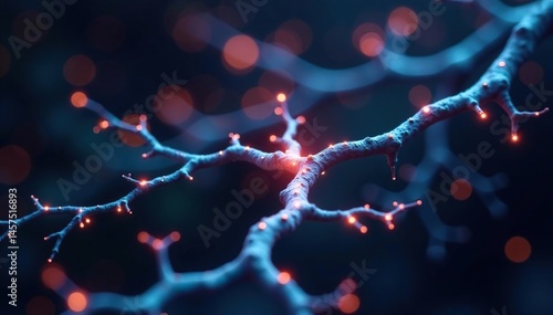 Close-up of branching network, nodes illuminate, suggesting neural connections or tree roots, tree, nature, structure