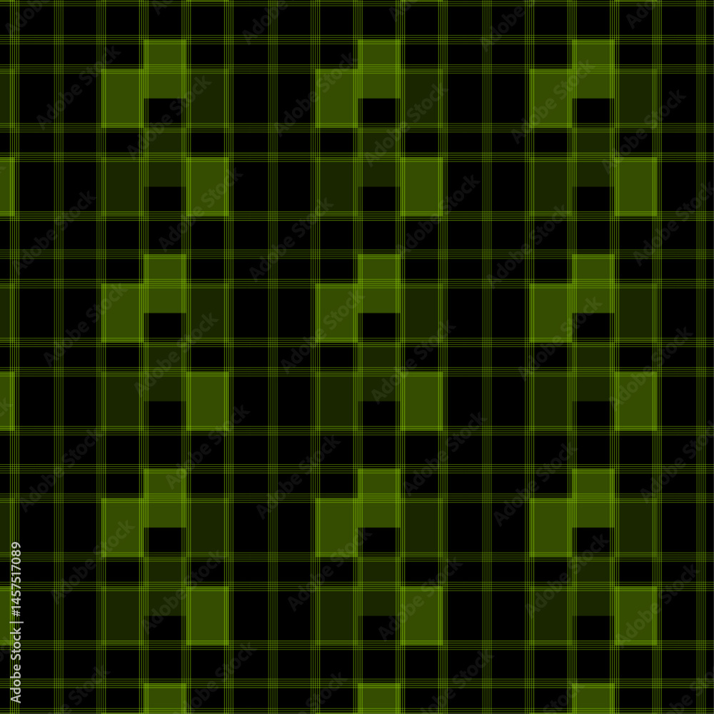 Intricate Green and Black Plaid Grid Pattern With Alternating Square Motifs Intricate Green and Black Plaid Grid Pattern With Alternating Square Motifs