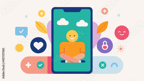 Colorful Icon Set A vibrant collection of mental health app icons on a smartphone screen featuring symbols like meditation therapy chat gratitude journaling and breathing