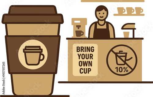 Vector illustration of reusable coffee mug with barista counter, bring-your-own-cup sticker, and waste-free discount icon