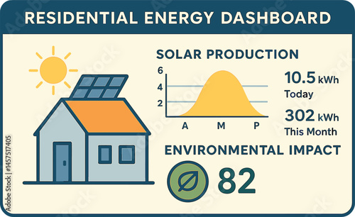 Vector illustration of residential energy dashboard with solar production graph, usage data, and environmental impact score