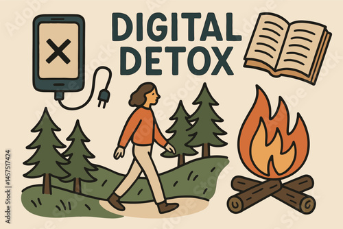 Vector illustration in hand-drawn style of digital detox with unplugged phone, book, forest walk, and campfire
