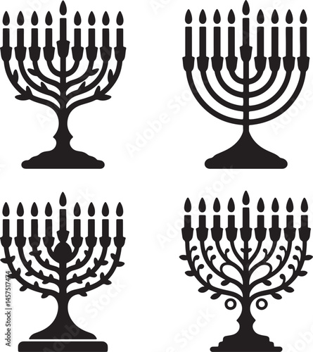 Vintage menorah with candles silhouette set vector illustration isolated On Transparent Background
