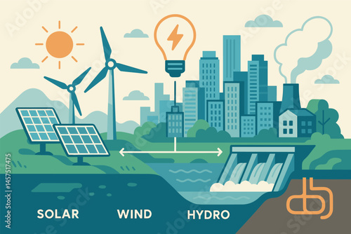 Alternative energy mix — Vector illustration of solar, wind, hydro, and geothermal sources powering a smart city grid