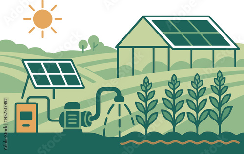 Solar-powered agriculture — Vector illustration of irrigation pumps, greenhouse roof panels, and crop yield improvement