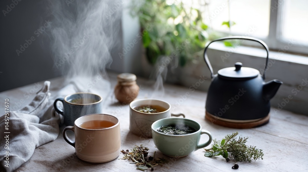 A collection of herbal teas steeping in cups beside a steaming kettle representing calming bedtime rituals that enhance sleep hygiene.