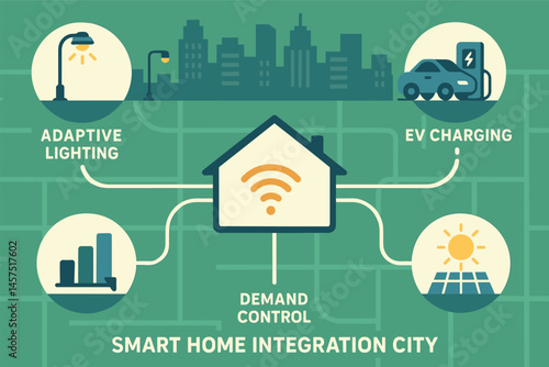 Vector illustration of smart home integration with city grid showing adaptive lighting, EV charging, solar syncing, and demand control