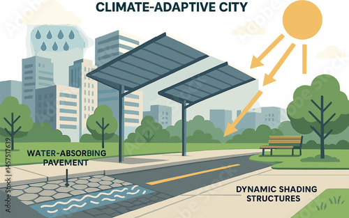 Climate-adaptive city — Vector illustration of water-absorbing pavement, heat-reflective surfaces, and dynamic shading structures