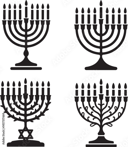 Vintage menorah with candles silhouette set vector illustration isolated On Transparent Background