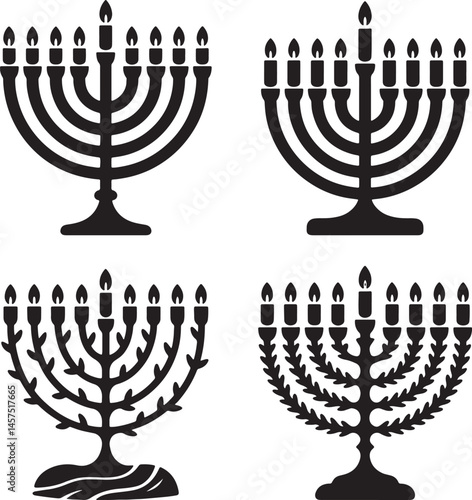 Vintage menorah with candles silhouette set vector illustration isolated On Transparent Background