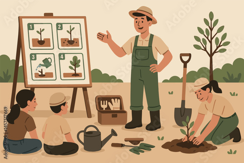 Vector illustration of tree planting workshop with instructor showing steps, educational board, tool kit layout, and planting demonstration