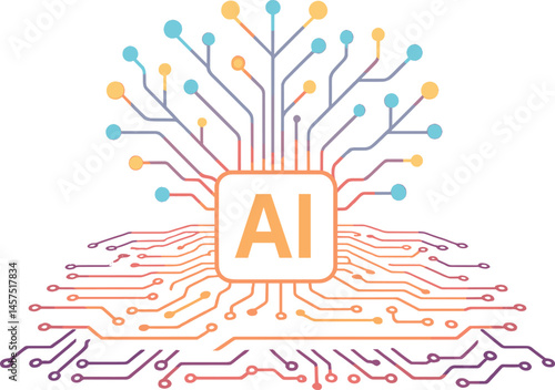 Vector illustration in gradient style of AI and neural network with radiant connection nodes and layered circuits