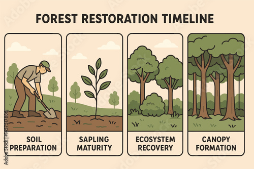 Vector illustration of forest restoration timeline from soil preparation to sapling maturity, ecosystem recovery, and canopy formation