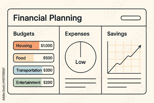 Vector illustration of minimalistic financial planning dashboard with categorized budgets, low expenses, and savings graph
