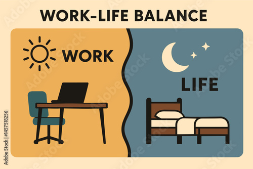 Vector illustration of work-life balance while remote working with sun, moon, desk, and bed symbols
