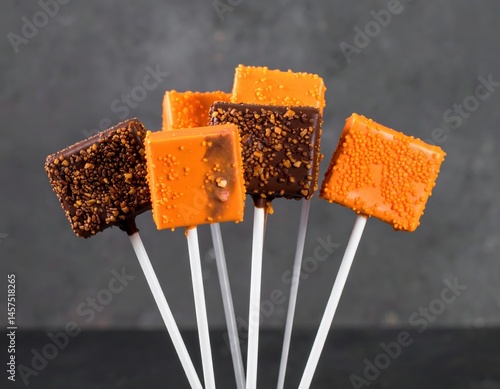 Festive chocolate-covered pretzel rods, dipped in orange and dark chocolate with sprinkles, stand ready for Halloween treats on silver sticks.
