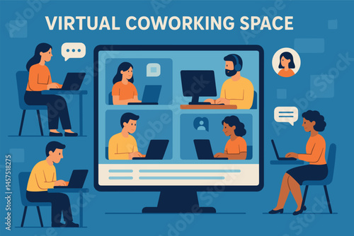 Vector illustration of virtual coworking space with multiple users working in a shared digital room