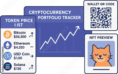 Vector illustration of cryptocurrency portfolio tracker with token price list, percentage change graph, wallet QR code, and NFT preview tile