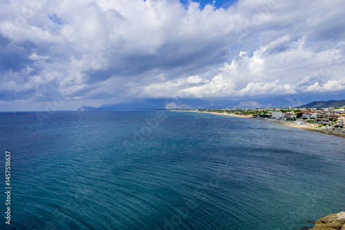 beautiful seascape. view of the Mediterranean Sea and the coast of Italy. Sperlonga, Lazio, Italy. Famous tourist destination