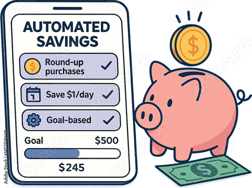 Vector illustration of automated savings app interface with rules like “round-up purchases,” “save $1/day,” and goal-based progress