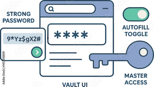 Vector illustration of password management tools with strong password generator, vault UI, autofill toggle, and master access key