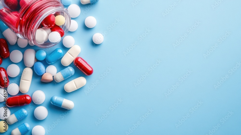 Colorful Pills and Capsules Spilled from Jar on Blue Background Colorful Pills and Capsules Spilled from Jar on Blue Background