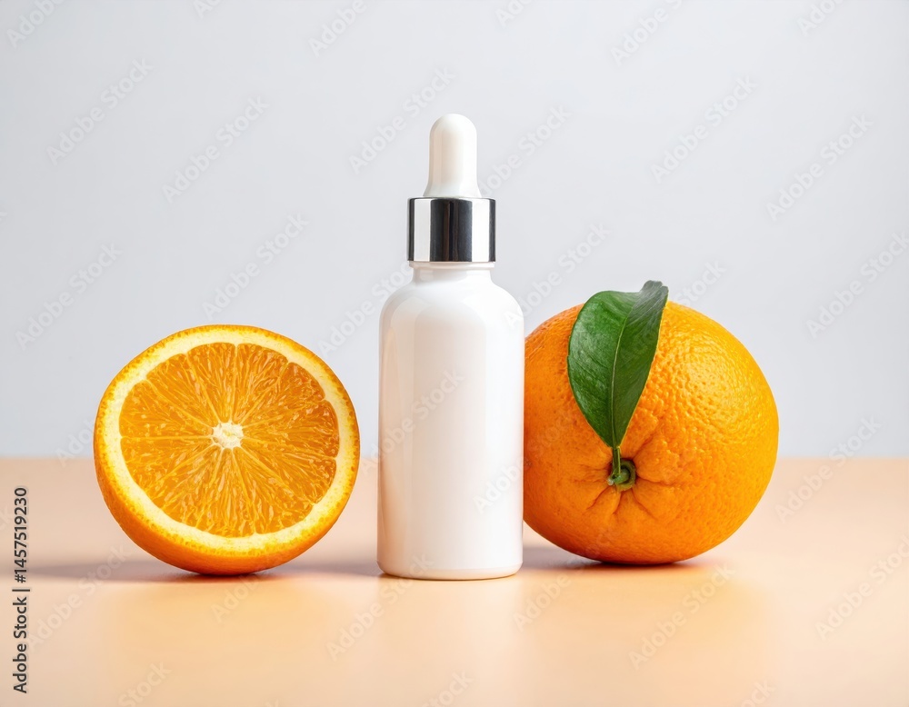 A sliced orange and whole orange with a dropper bottle rest on a pale surface, conveying freshness and natural beauty. A sliced orange and whole orange with a dropper bottle rest on a pale surface, conveying freshness and natural beauty.