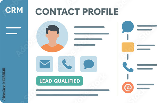 Vector illustration of CRM contact profile page with user avatar, communication history, lead status, and interaction timeline